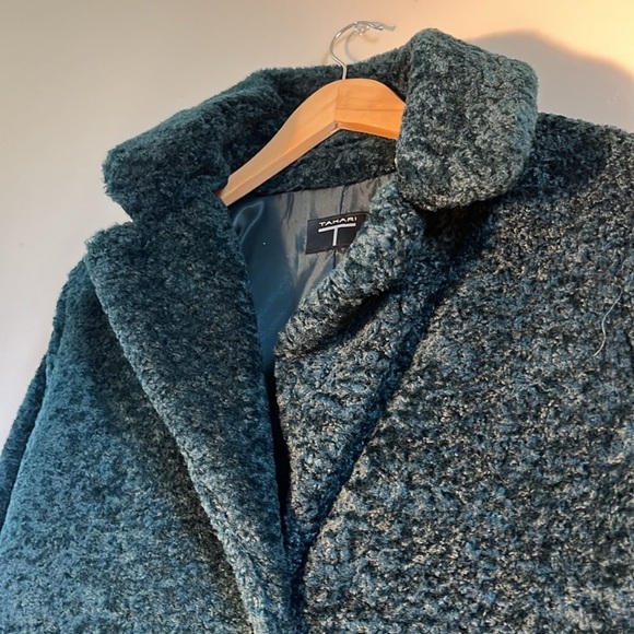 Tahari Dark Green Faux Fur Shearling Teddy Coat - Picture 4 of 13
